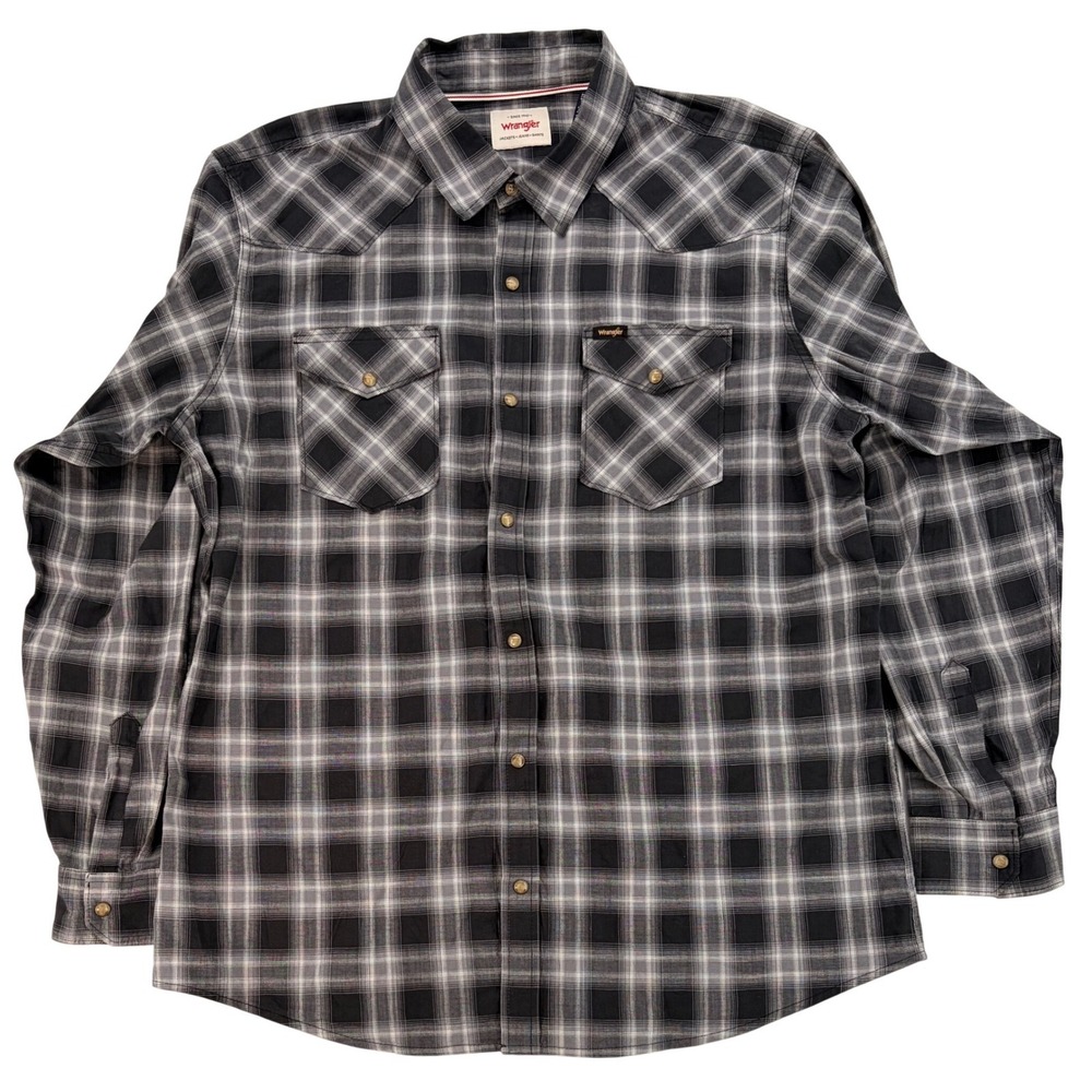Wrangler Western Plaid Snap Button Shirt Gray Black Workwear XL‎